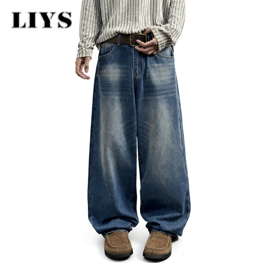 Autumn Men's Daily Denim Pants Retro Blue Washed Male Baggy Jeans Four Seasons Straight Casual Menwear Loose Wide Leg Jeans ﻿