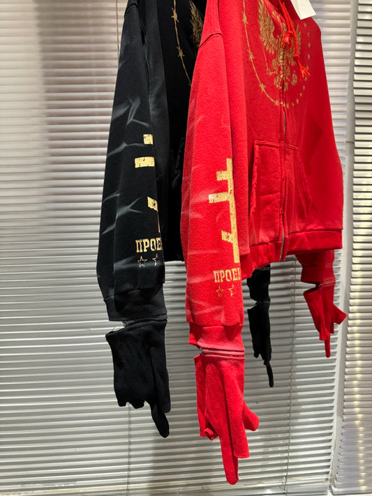 Red Project G/R Cracked Double Eagle Print Zipper Hoodie casual Glove Band Play Jackets Men Women Winter Autumn Casual Pullovers