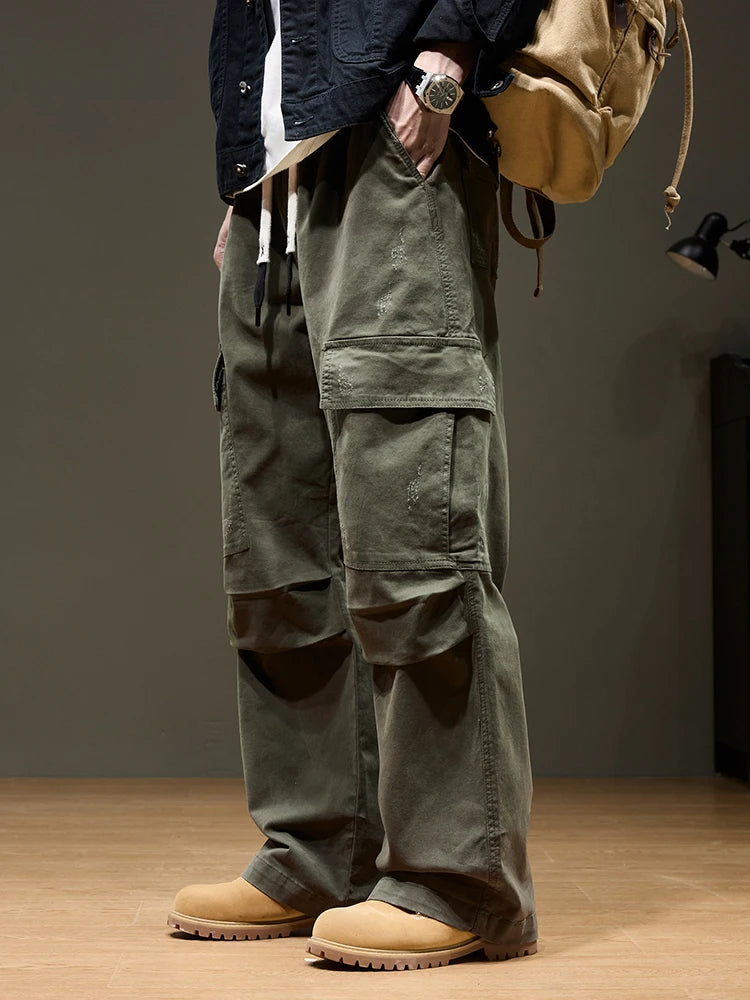 Men's Baggy Cargo Pants with 6 Pockets 100% Cotton Drawstring Elastic Waist Wide Leg Workwear Casual Pants Plus Size 8XL