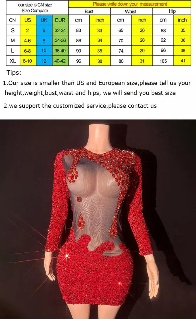 Red Rhinestone Perspective Fashion Sexy Party Dress