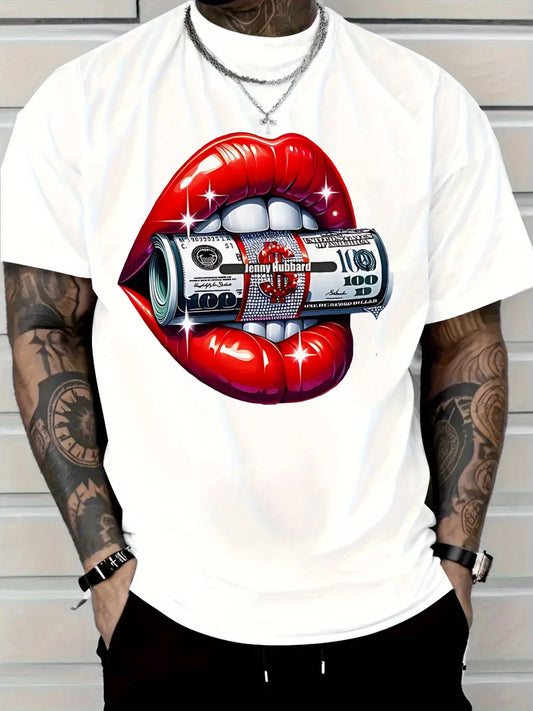 2025 Men'S New Casual Pure Cotton T-Shirt Featuring a Bold Design with Red Lips Biting a Rolled $100 Bill Breathable and Comfort