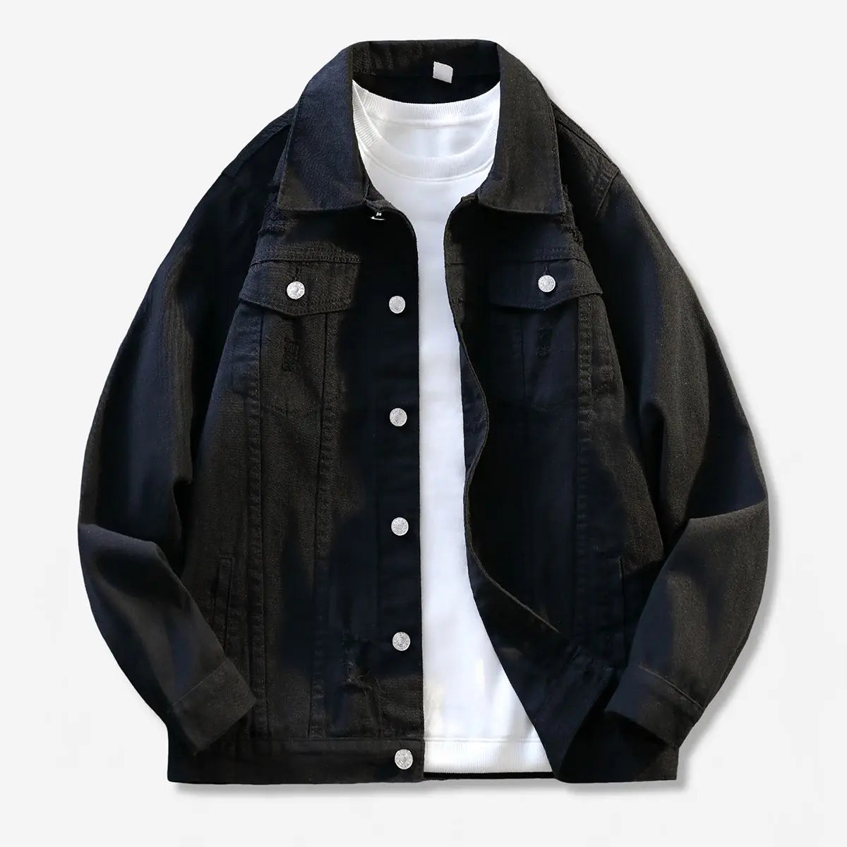 2025 Autumn Ripped Hole Vintage Men's Denim Jackets Washed Distressed Y2K Fashion Light Blue Black Turn-down Collar Jean Clothes