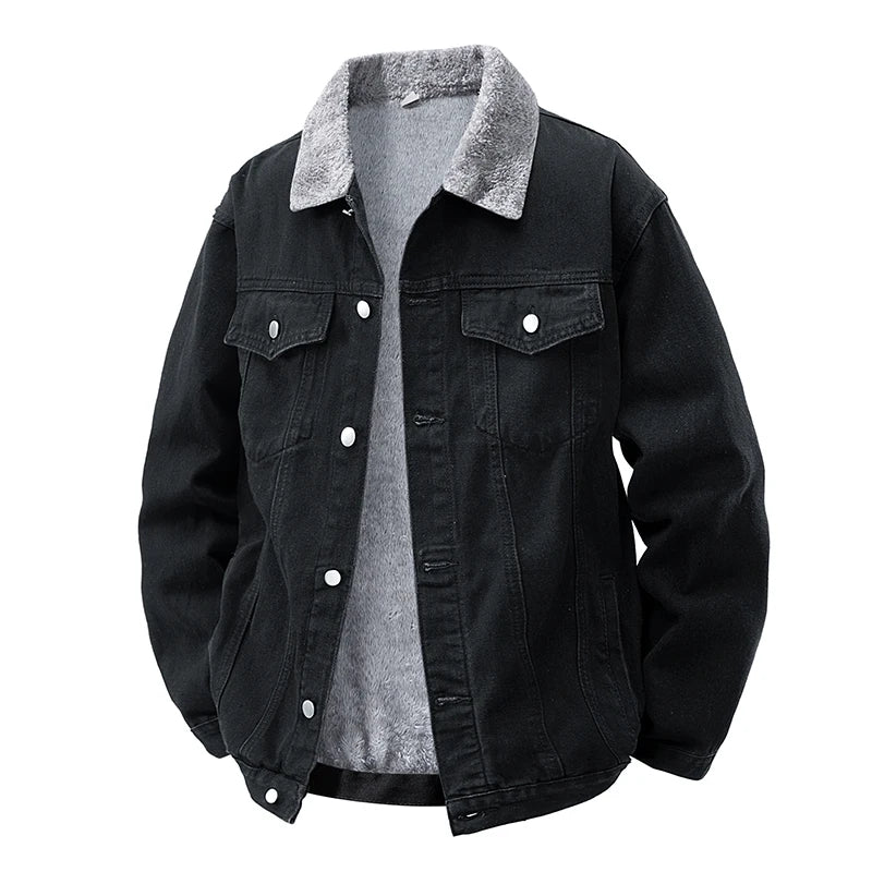 2025 New Fleece-Lined Denim Jacket Men's Loose Fit Warm Work Clothes Trendy Korean Style Casual Thickened Jacket
