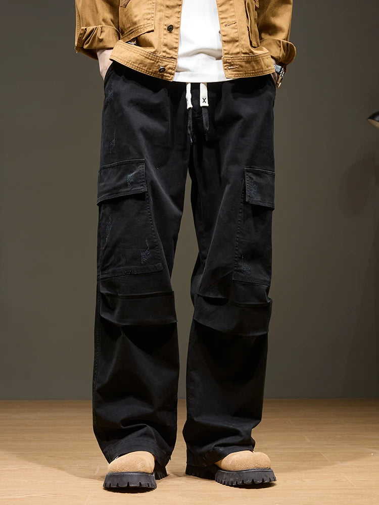 Men's Baggy Cargo Pants with 6 Pockets 100% Cotton Drawstring Elastic Waist Wide Leg Workwear Casual Pants Plus Size 8XL