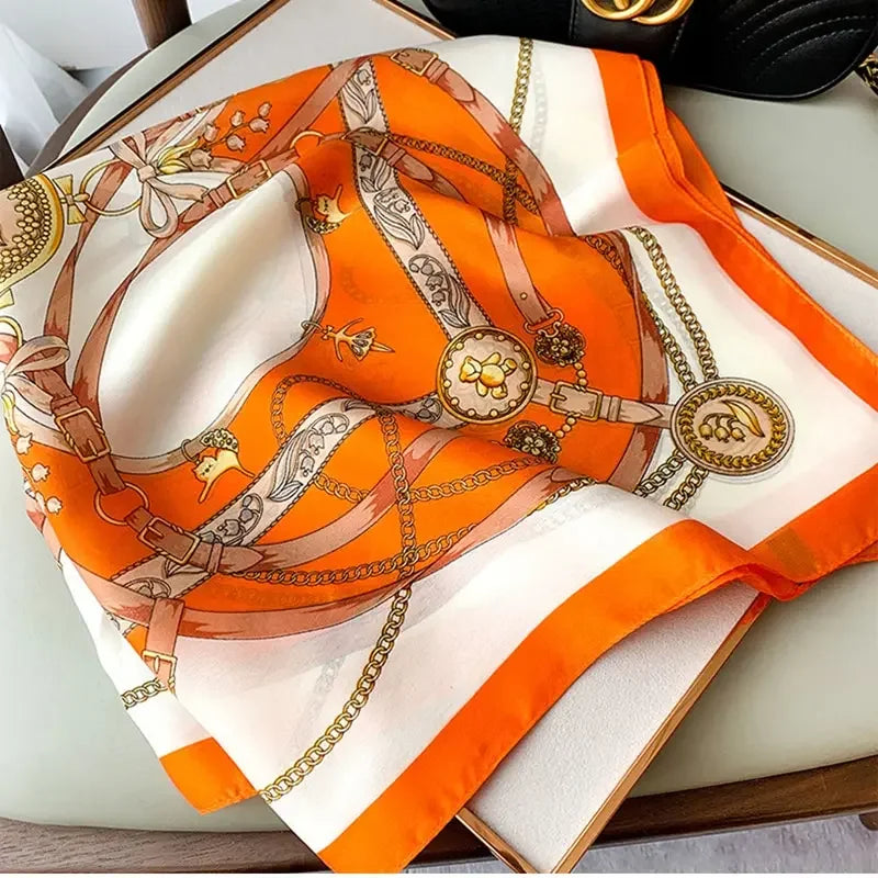 1pcs 70cm Roman Chain Silk Scarf for Women Simulated Silk Geometric Round Fashion Versatile Headwear Clothing Square Scarf