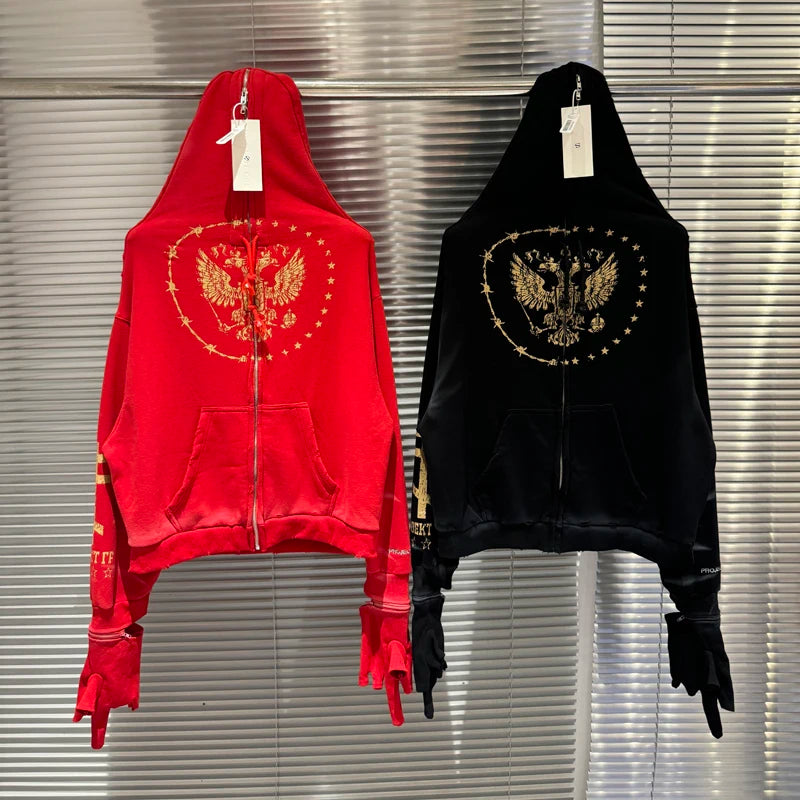 Double Cracked Eagle Print Project G/R Zipper Hoodie Jacket Glove Band Play Clothes Men Women Red Black Loose Caual Pullovers