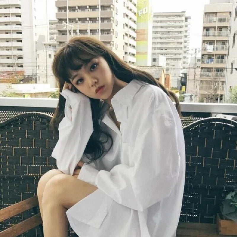 Oversize Women's White Basic Shirt Long Sleeve