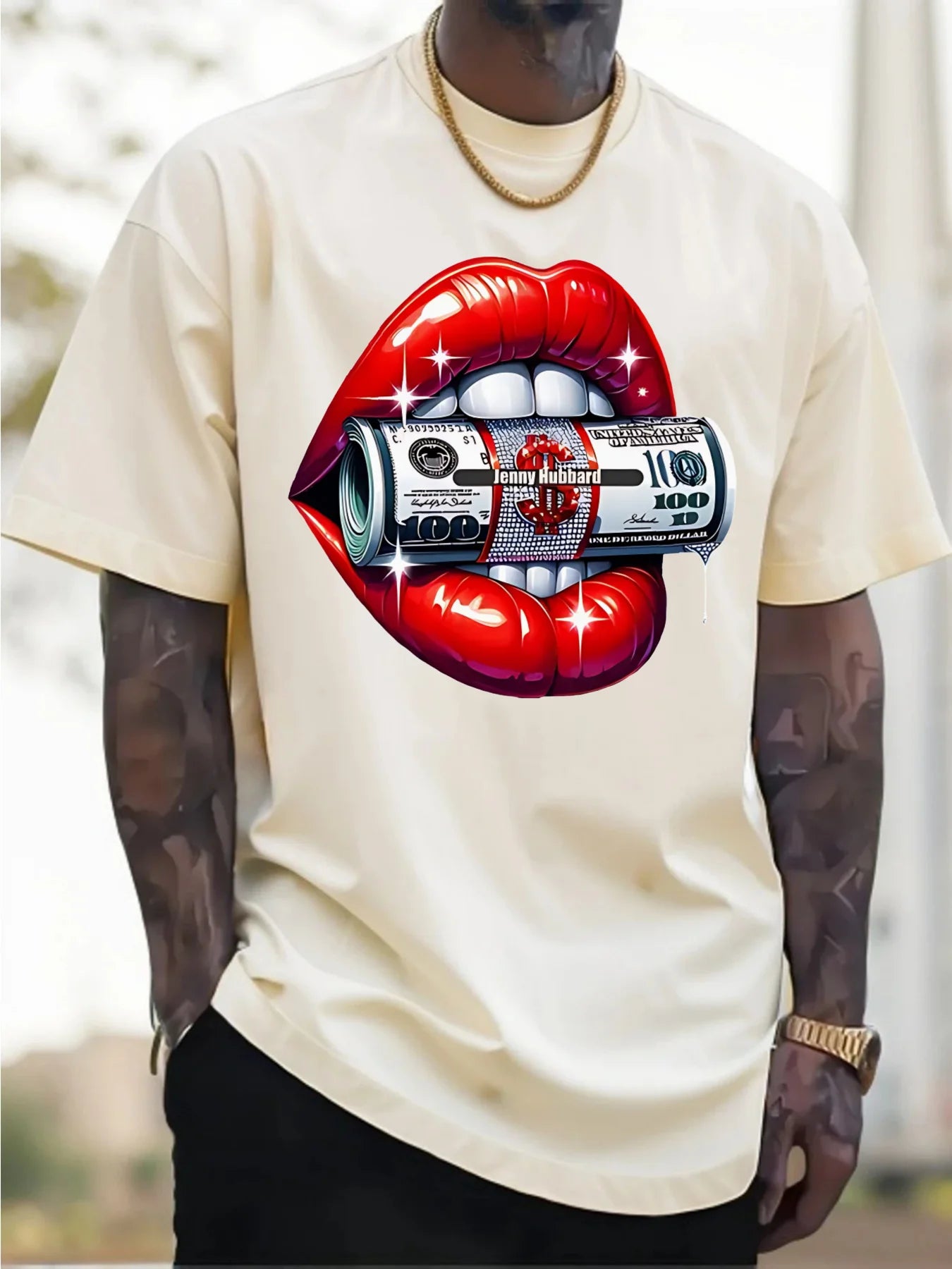 2025 Men'S New Casual Pure Cotton T-Shirt Featuring a Bold Design with Red Lips Biting a Rolled $100 Bill Breathable and Comfort