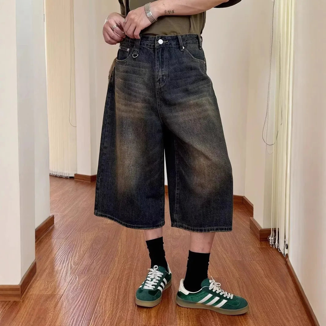 Vintage Men's Summer Loose Cropped Denim Shorts Y2k Fashion Wide Leg Washed Five-point Pants Straight Jeans Shorts