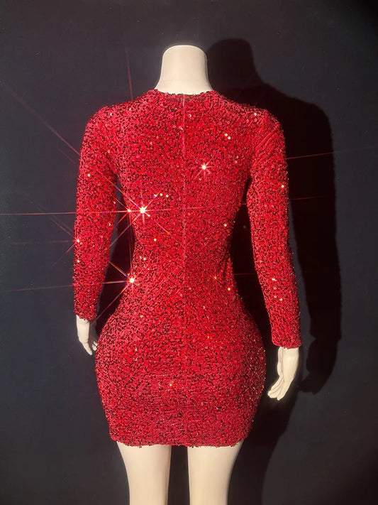 Red Rhinestone Perspective Fashion Sexy Party Dress