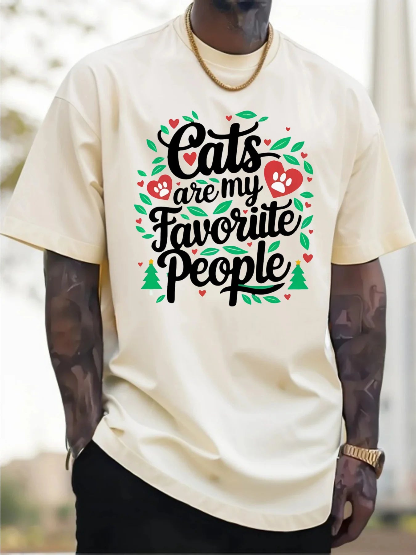Men'S Casual Cotton T-Shirt with Cats Are My Favorite People Design Heart Accents and I Love Cats Text Casual Attire