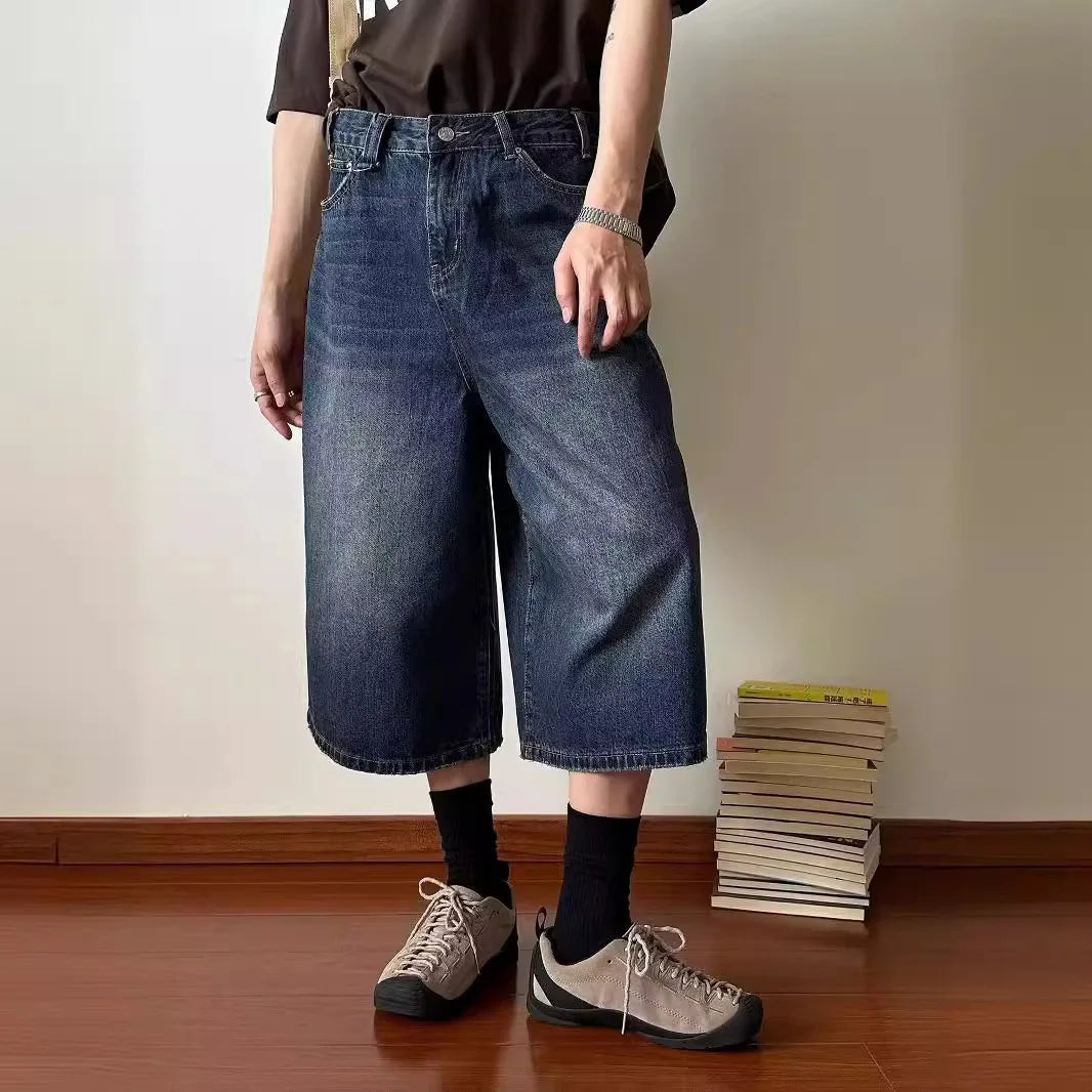 Vintage Men's Summer Loose Cropped Denim Shorts Y2k Fashion Wide Leg Washed Five-point Pants Straight Jeans Shorts
