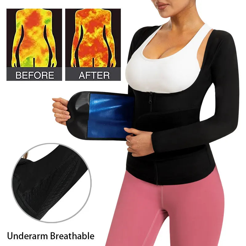 Yoga Sauna Shirt for Women Long Sleeve Top Sauna Waist Trainer for Women Weight Loss Sauna Suit Workout Sauna Vest Zipper Body Shaper