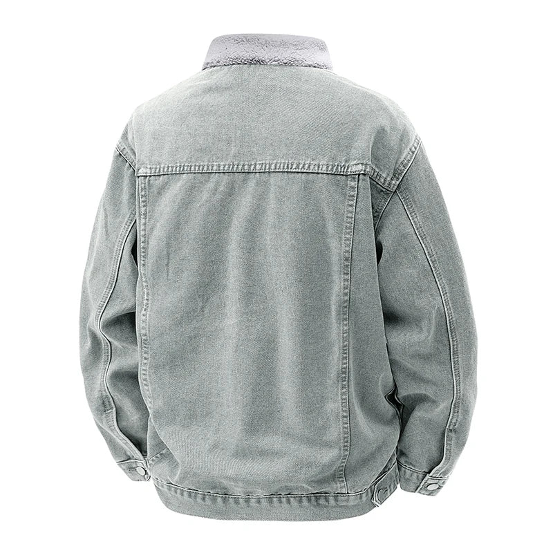 2025 New Fleece-Lined Denim Jacket Men's Loose Fit Warm Work Clothes Trendy Korean Style Casual Thickened Jacket