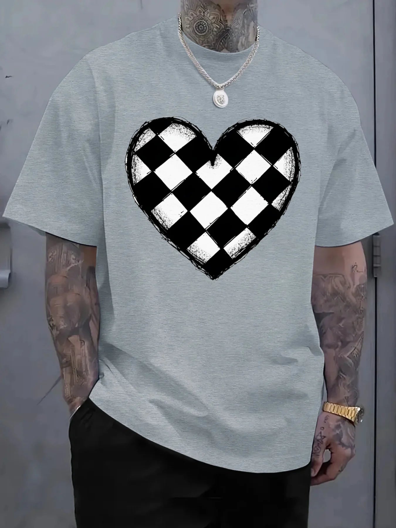 Men's Navy Blue Cotton T-Shirt  Checkerboard Heart Graphic Tee Soft Everyday Crewneck Shirt for Casual  Formal Outfits