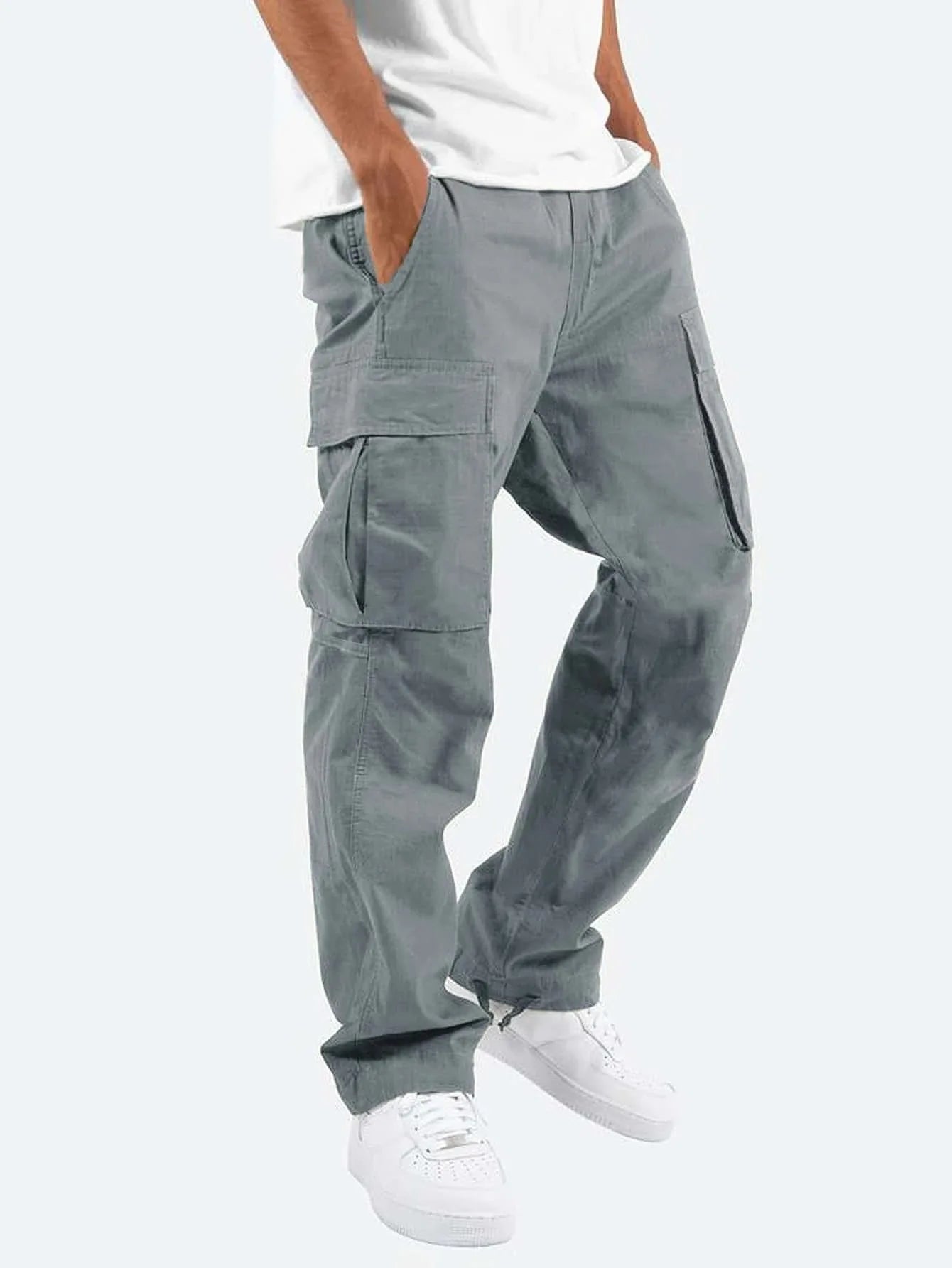 eep blue workwear pants with classic multi pocket design, featuring large capacity three-dimensional pockets on both thighs pair