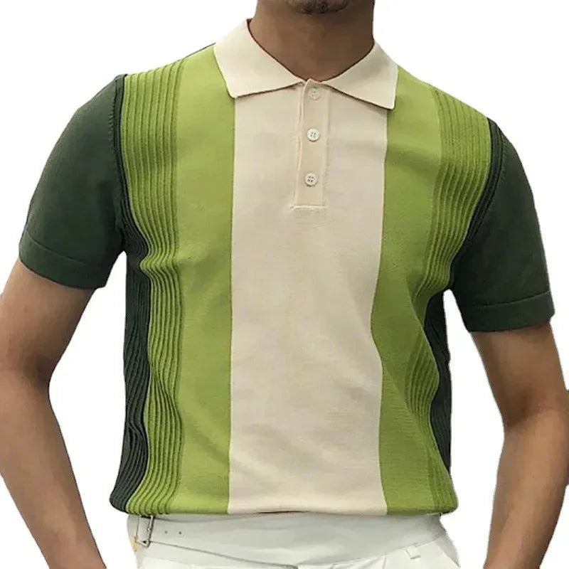 2024 Summer Contrast Color Knitted Polo Shirts Men Green Stripe Turn-down Collar Tops for Men Slim Fit Casual Business Polos
