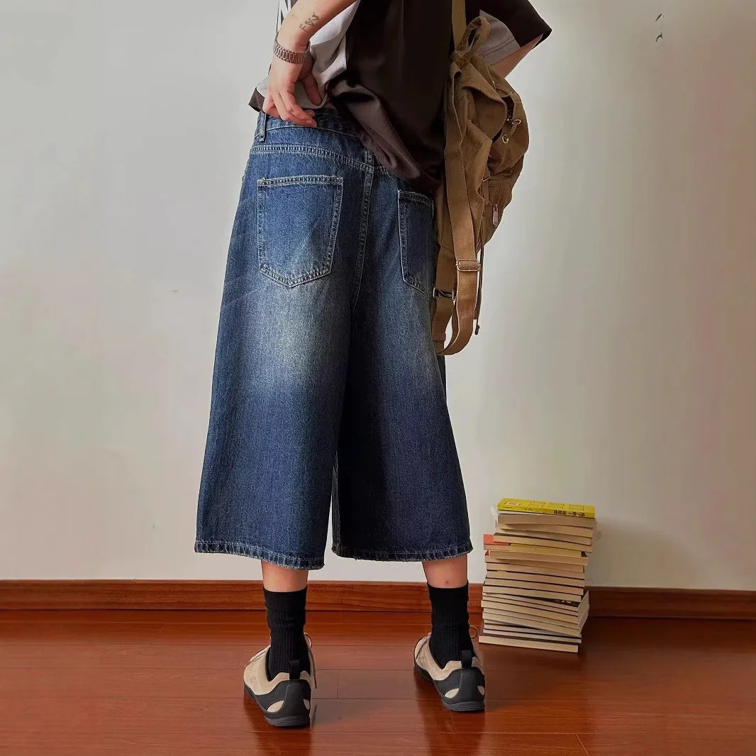 Vintage Men's Summer Loose Cropped Denim Shorts Y2k Fashion Wide Leg Washed Five-point Pants Straight Jeans Shorts
