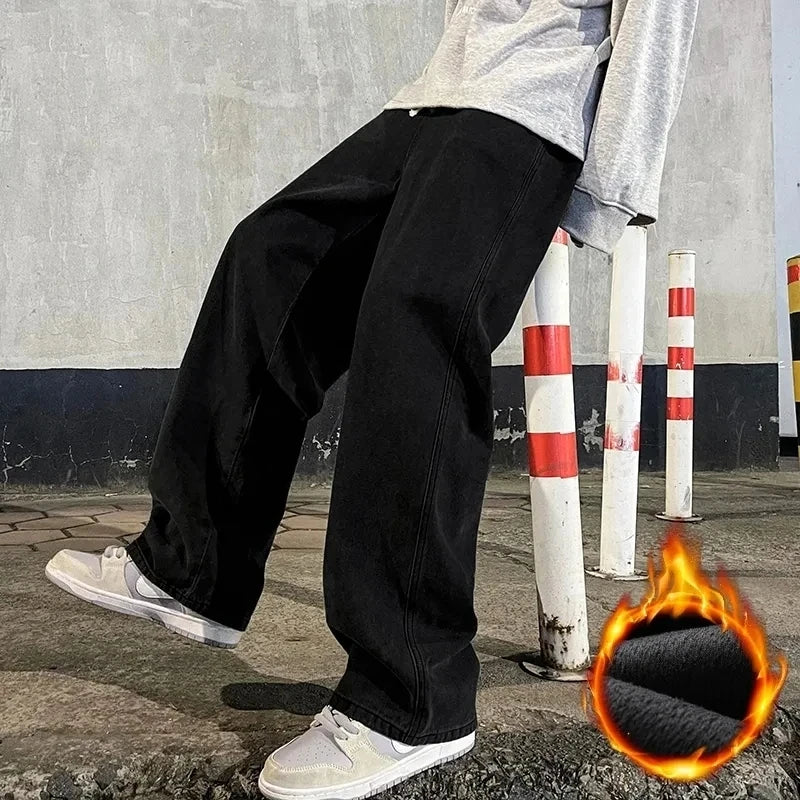 2024 New Streetwear Loose Jeans Men Korean Style Fashion Loose Straight Wide Leg Pants Men's Brand Clothing Black Light Blue