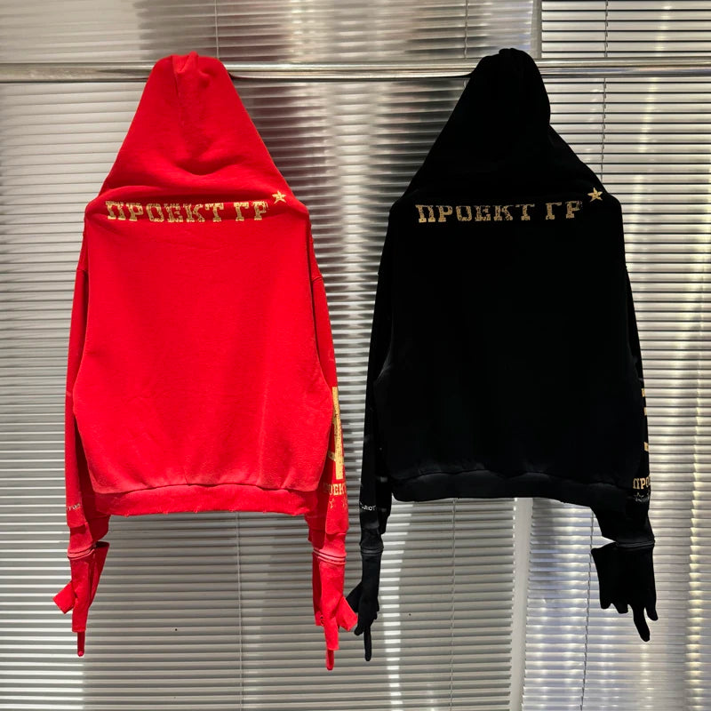Double Cracked Eagle Print Project G/R Zipper Hoodie Jacket Glove Band Play Clothes Men Women Red Black Loose Caual Pullovers