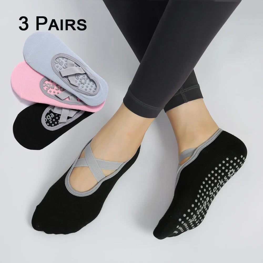 3 Pairs Non-Slip Pilates Socks Bandage Cotton Backless Yoga Socks for Women