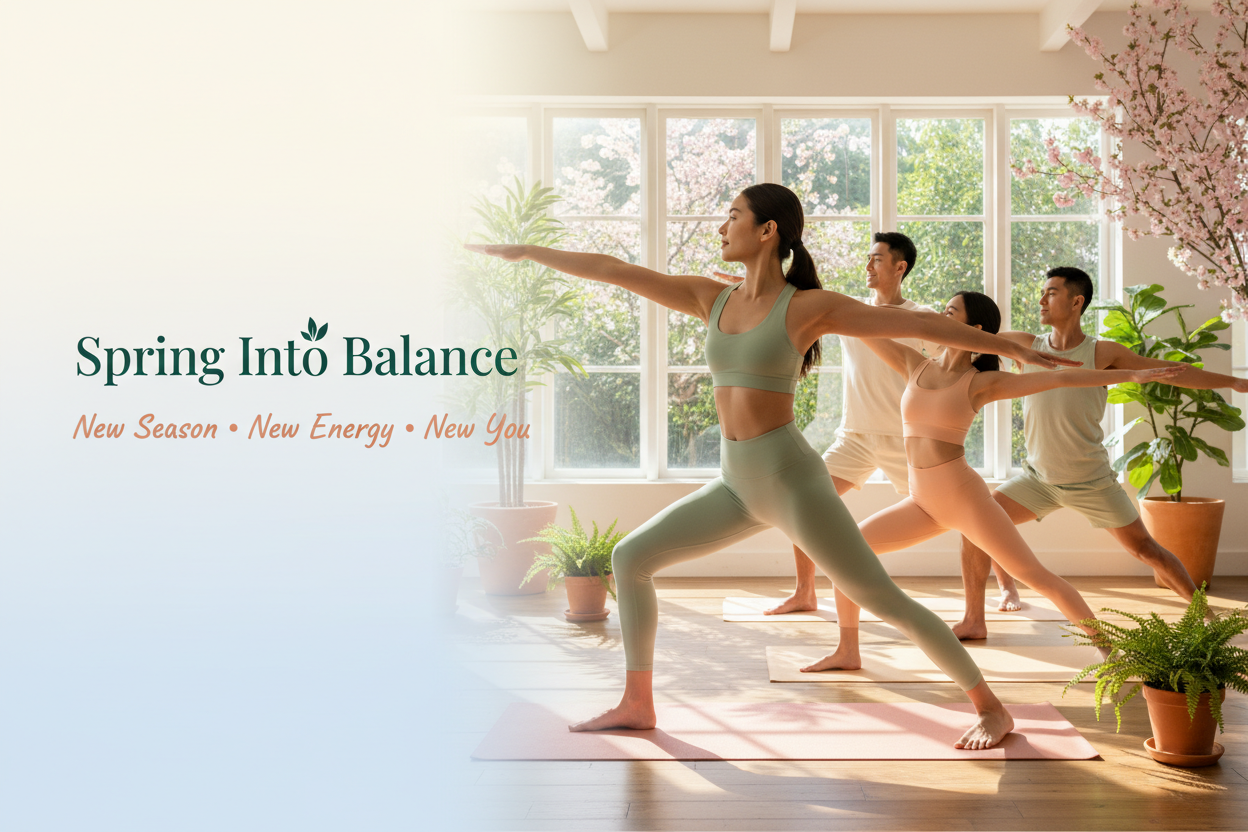 Create a bright, uplifting banner for an online yoga and activewear store for men and women. Show diverse models in light, breathable yoga outfits — pastel green, soft peach, and ivory tones. The setting is a sunlit studio with blooming plants or a gentle outdoor garden scene. Capture fresh energy and renewal, with poses like warrior II, tree pose, and gentle stretching. Include airy text space for the headline “Spring Into Balance” and subtext “New Season • New Energy • New You.”
Style: clean, natural ligh