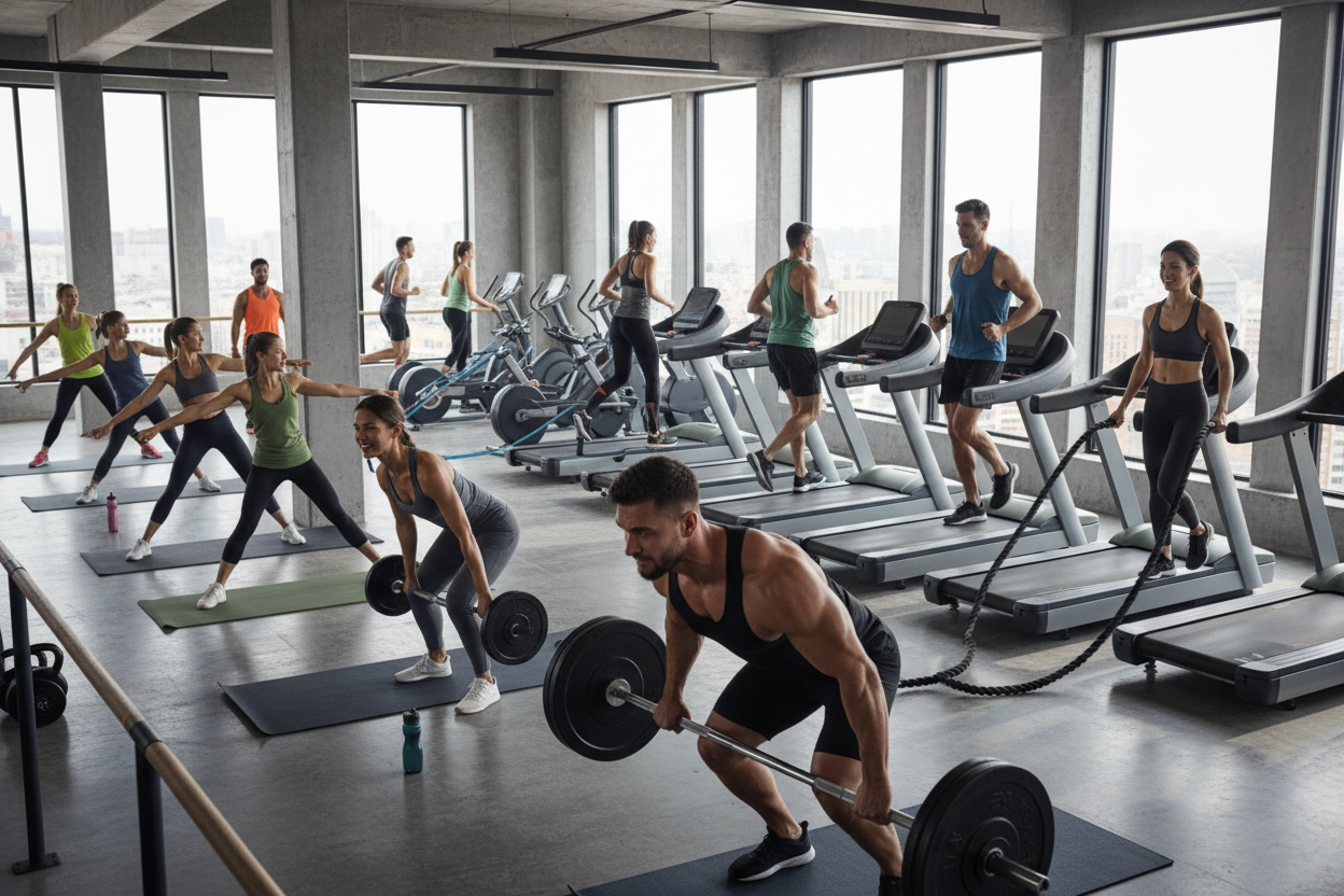 Create a dynamic and energetic gym scene featuring diverse men and women working out in a modern fitness environment. Show people engaging in various activities such as weight training, stretching, cardio, and yoga-inspired movements. The atmosphere should feel motivating and powerful, with natural lighting, clean design, and high-end gym equipment. Highlight energy, determination, and healthy living through movement and expression. Use realistic details, athletic apparel, and a balanced color palette that 