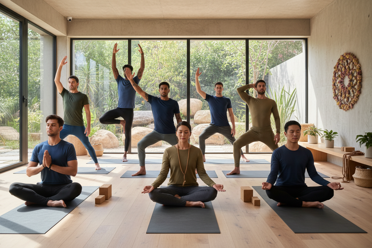 "Create an inspiring and dynamic scene featuring diverse men practicing yoga and meditation in a modern, bright, and natural setting. Highlight strength, balance, and mindfulness through yoga poses on mats, wearing stylish and comfortable activewear. Include subtle lifestyle elements, such as eco-friendly props or minimalistic studio details, conveying wellness, focus, and an active lifestyle. Use natural lighting, harmonious colors, and a clean, contemporary style that feels authentic and welcoming. The im