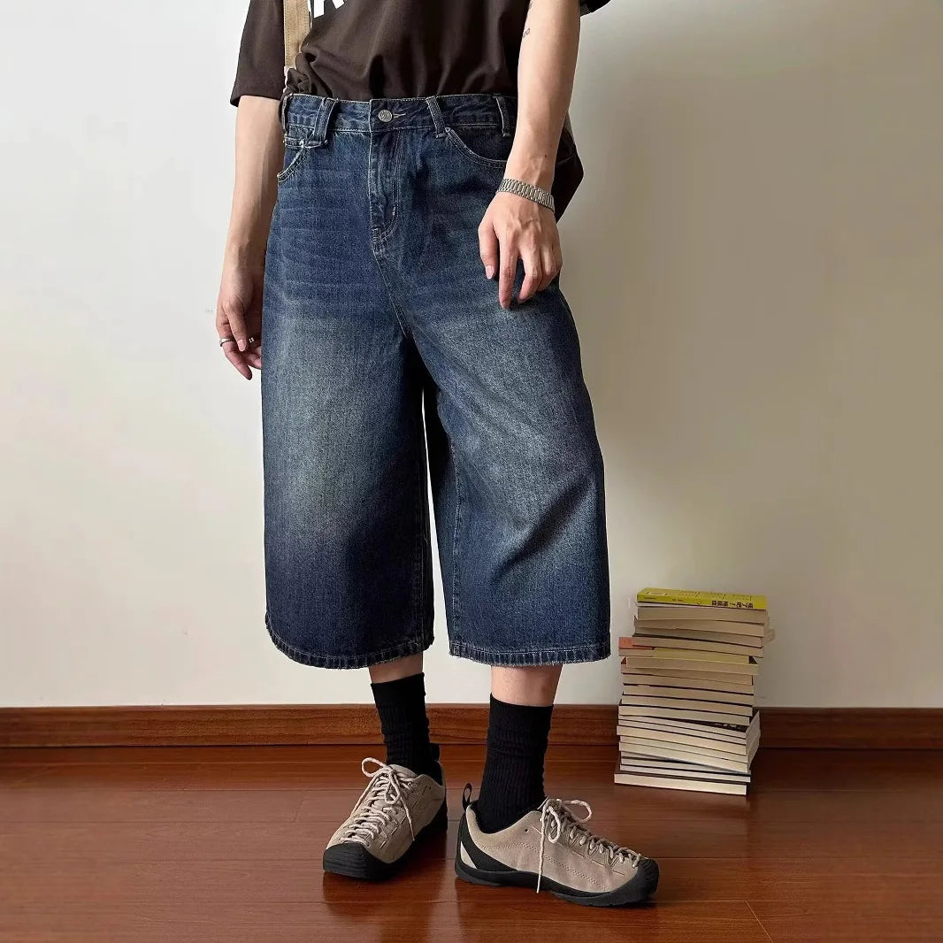 Vintage Men's Summer Loose Cropped Denim Shorts Y2k Fashion Wide Leg Washed Five-point Pants Straight Jeans Shorts