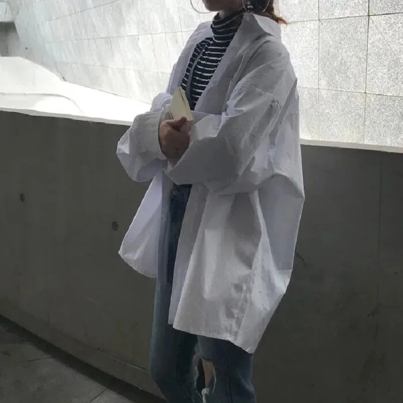 Oversize Women's White Basic Shirt Long Sleeve