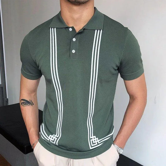 2024 Summer Contrast Color Knitted Polo Shirts Men Green Stripe Turn-down Collar Tops for Men Slim Fit Casual Business Polos
