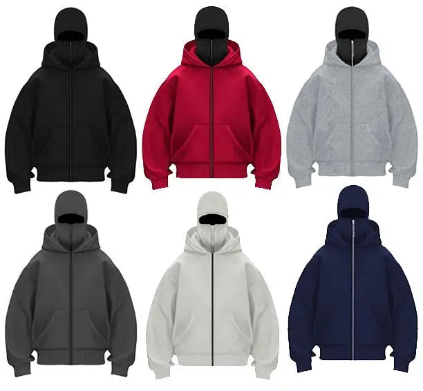 2024 Autumn/Winter New Men Casual Sports Double Hat Face Mask Design Fashionable Loose Outdoor Cycling Windproof Warm Hoodie