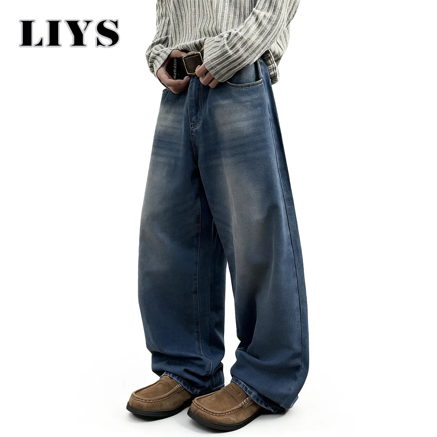 Autumn Men's Daily Denim Pants Retro Blue Washed Male Baggy Jeans Four Seasons Straight Casual Menwear Loose Wide Leg Jeans ﻿