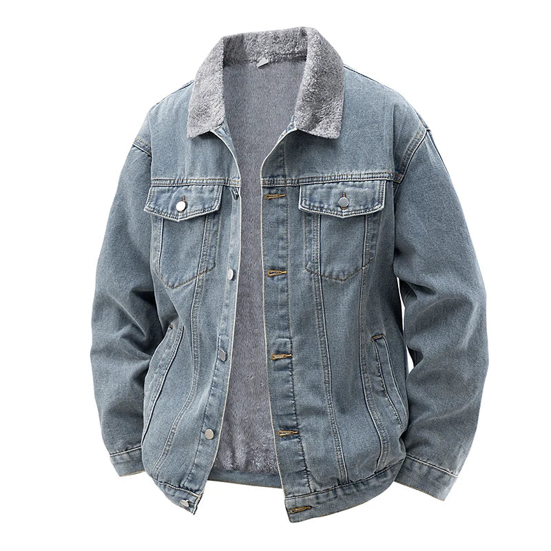 2025 New Fleece-Lined Denim Jacket Men's Loose Fit Warm Work Clothes Trendy Korean Style Casual Thickened Jacket
