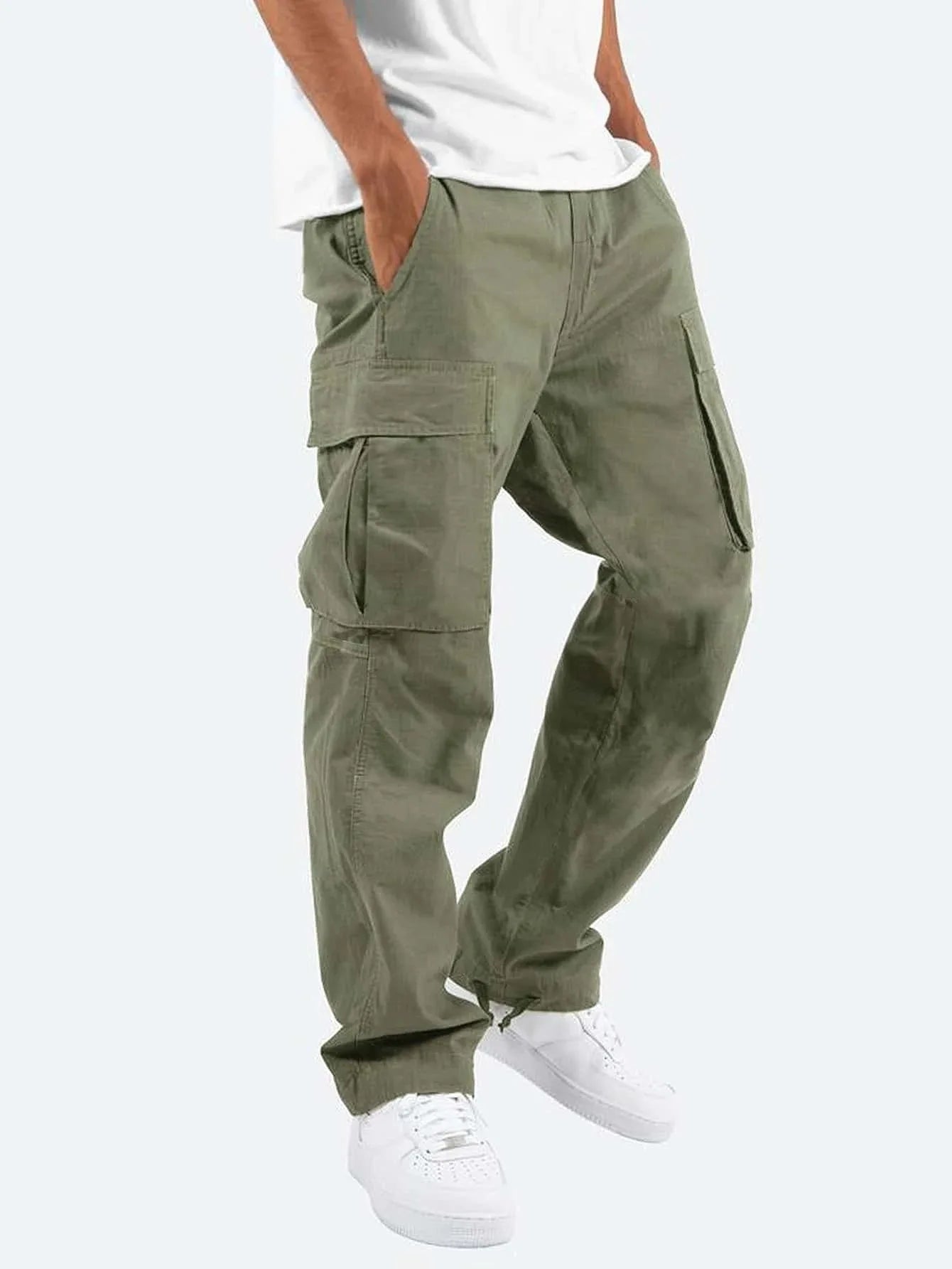eep blue workwear pants with classic multi pocket design, featuring large capacity three-dimensional pockets on both thighs pair