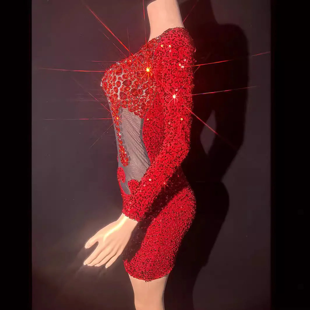 Red Rhinestone Perspective Fashion Sexy Party Dress