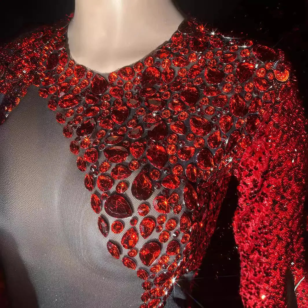 Red Rhinestone Perspective Fashion Sexy Party Dress