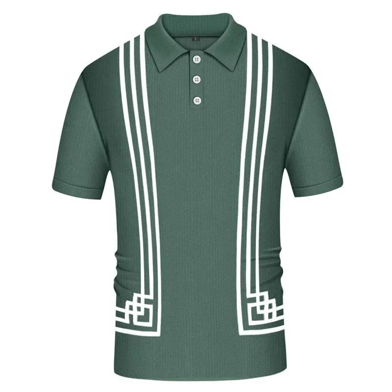 2024 Summer Contrast Color Knitted Polo Shirts Men Green Stripe Turn-down Collar Tops for Men Slim Fit Casual Business Polos