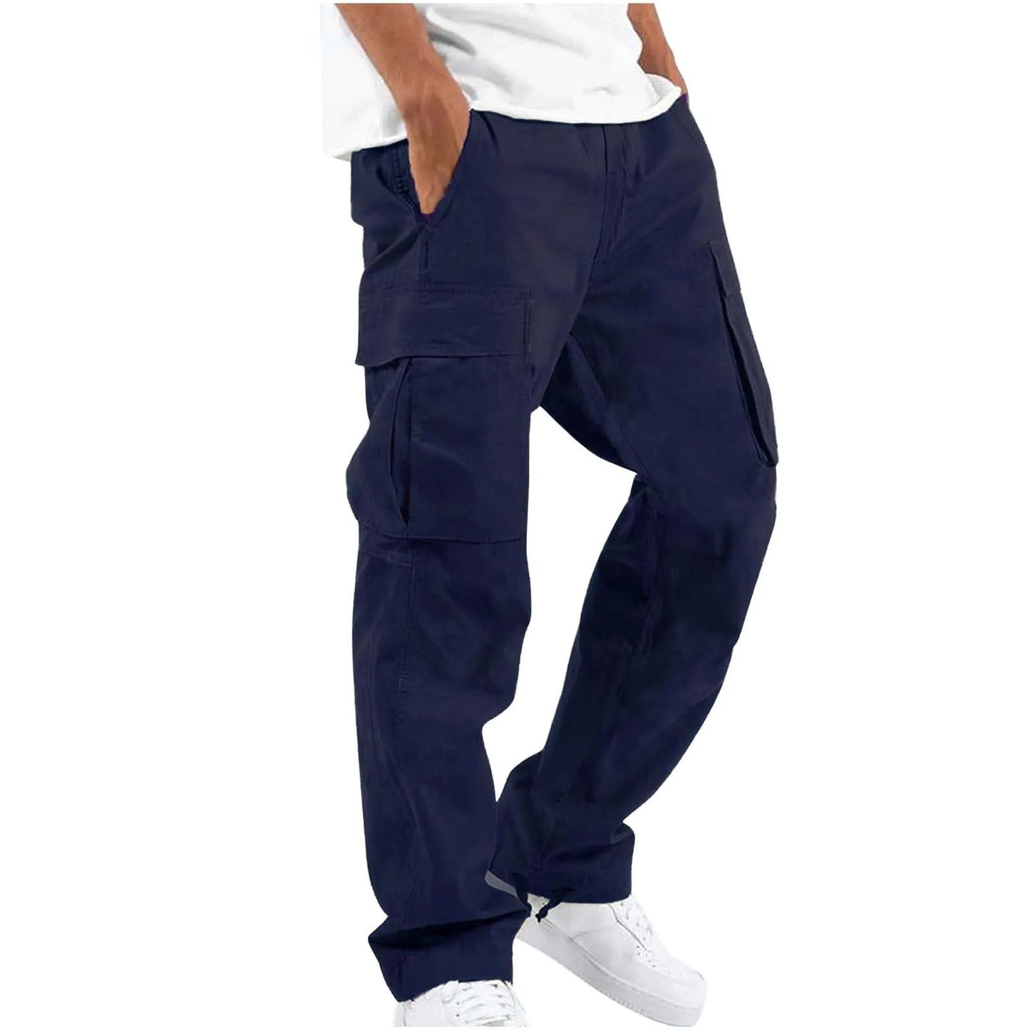 eep blue workwear pants with classic multi pocket design, featuring large capacity three-dimensional pockets on both thighs pair